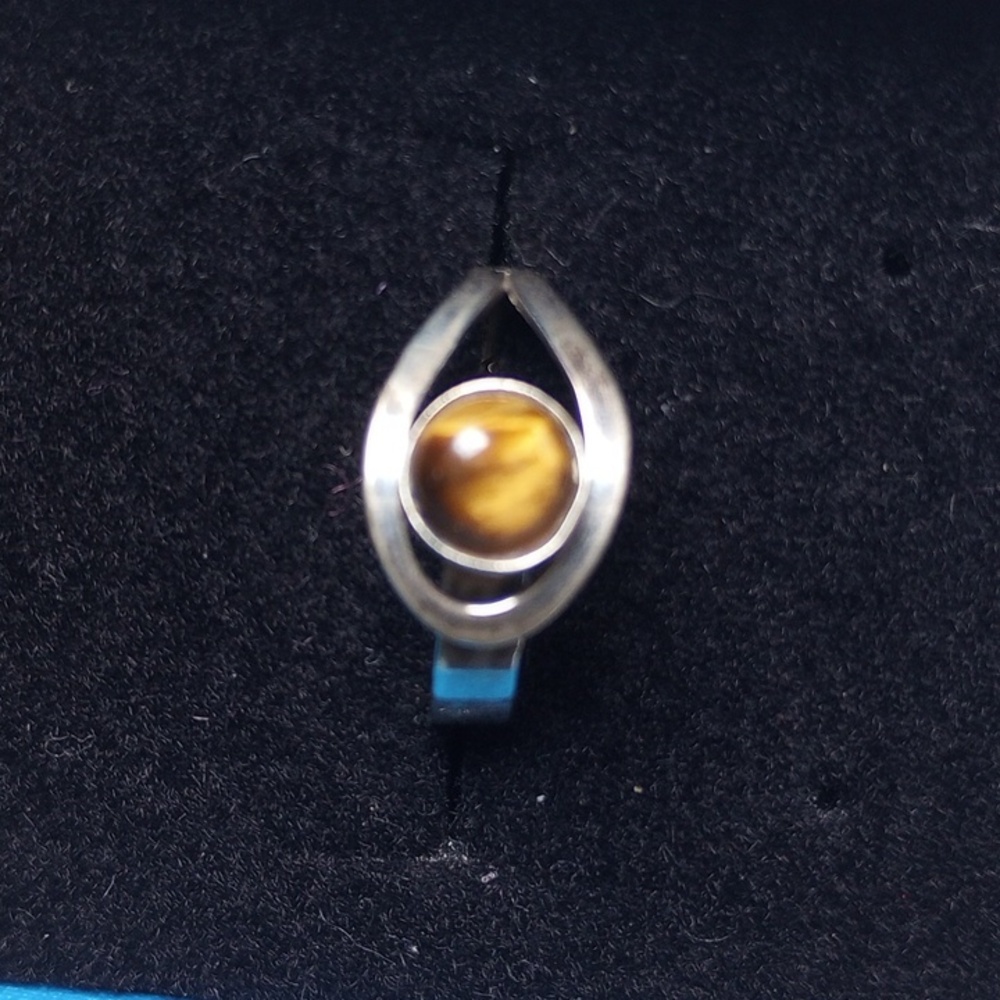 Vintage Mexican 925 Sterling Silver Tiger’s Eye Cabochon Cut Adjustable Ring 7